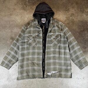 Vintage 90s Green and black plaid hooded flannel jacket Size men's Large